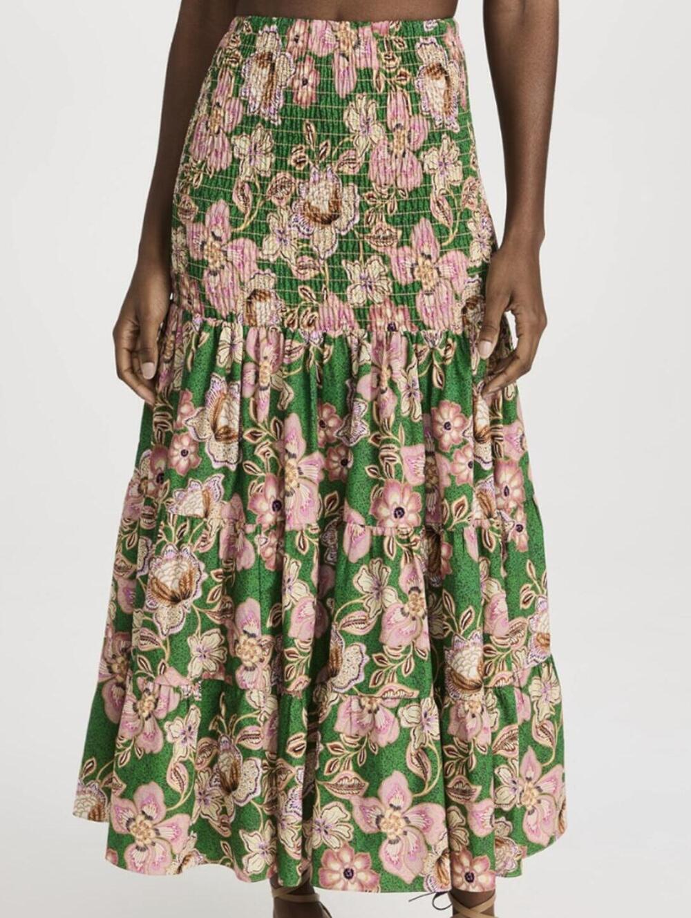 Misa Los Angeles Green Floral Maxi Skirt with Pink & Cream Accents